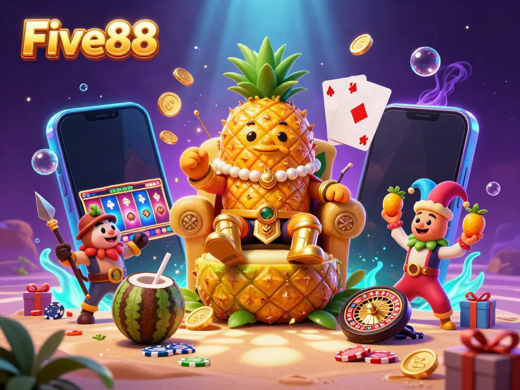 Experience fun gameplay at Five88 with a vibrant beach casino scene featuring a pineapple king and exciting games.