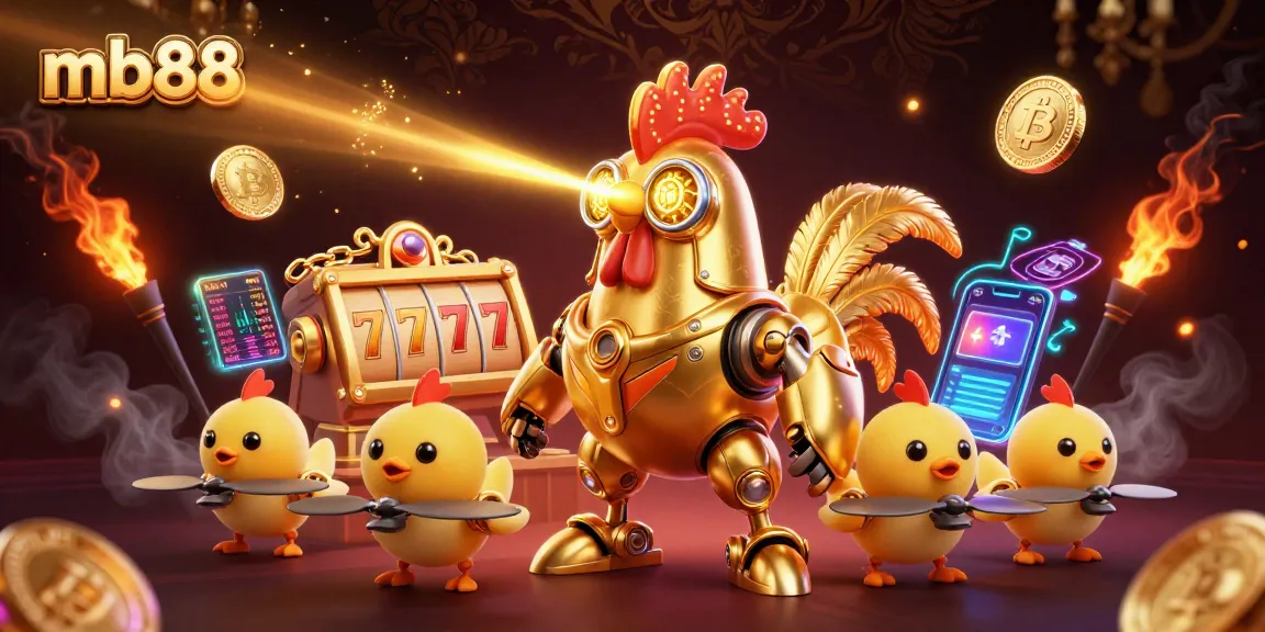 Experience thrilling action at mb88 with a golden rooster shooting beams surrounded by vibrant slot elements.