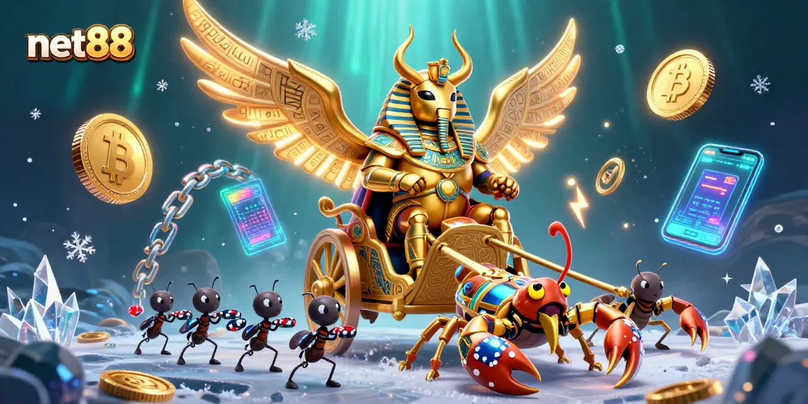 Engage with net88's vibrant gaming scene featuring dynamic elements and a golden scarab chariot.