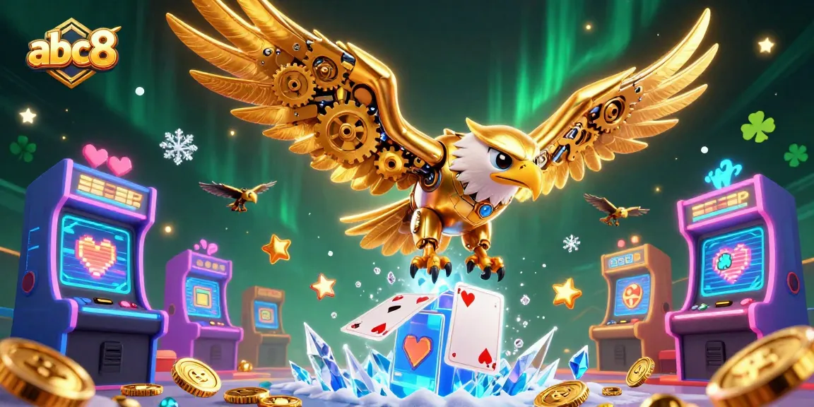 Engage with abc8’s animated golden eagle soaring through a vibrant casino scene filled with dynamic gaming elements.