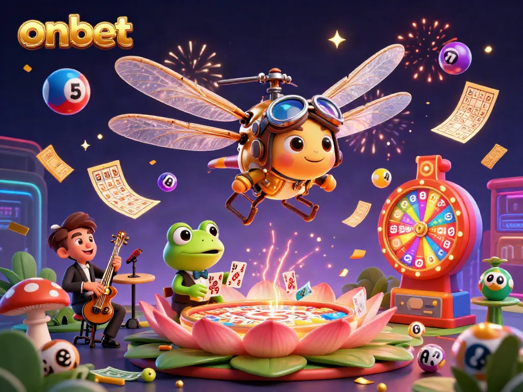 Experience the vibrant action at onbet with a dragonfly pilot and frog croupier amidst casino festivities.