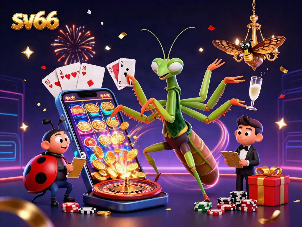 sv66 showcases a vibrant online casino scene with a giant mantis card sharp and a ladybug pit boss.