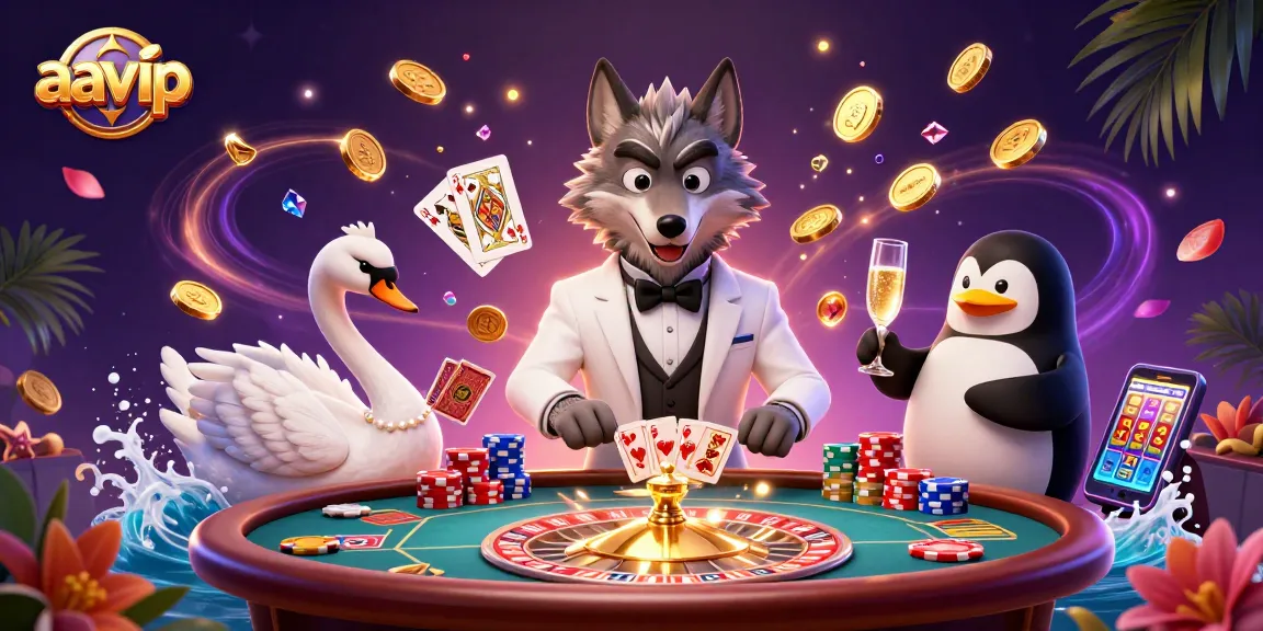 Experience the excitement with AAVIP's vibrant casino scene featuring a debonair wolf, elegant swan, and sophisticated penguin.