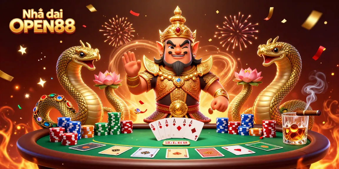 Experience the thrill at Nhà cái OPEN88 with a vibrant 3D casino illustration featuring poker elements and lively characters.