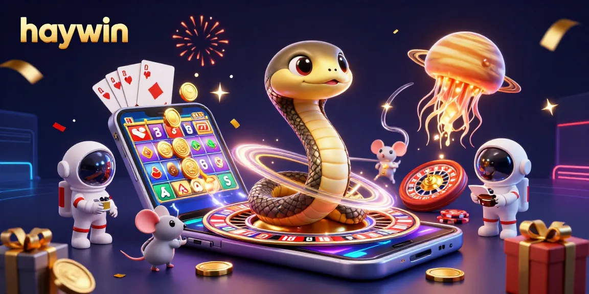 Experience gaming excitement with Haywin as cosmic characters engage in casino thrills amidst vibrant celebration.