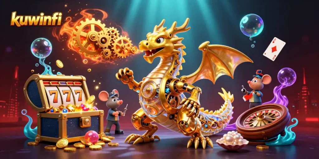 Engage in thrilling play at kuwinfi with a golden dragon and vibrant casino elements.