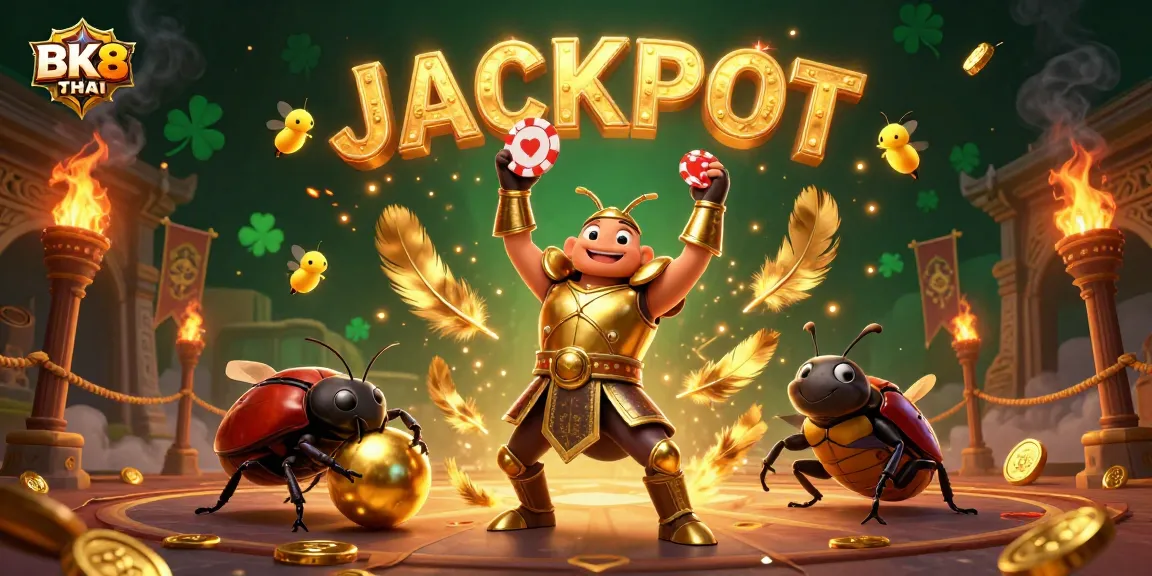 Experience the excitement of BK8THAI with a victorious beetle champion lifting a poker chip amid a vibrant casino atmosphere.