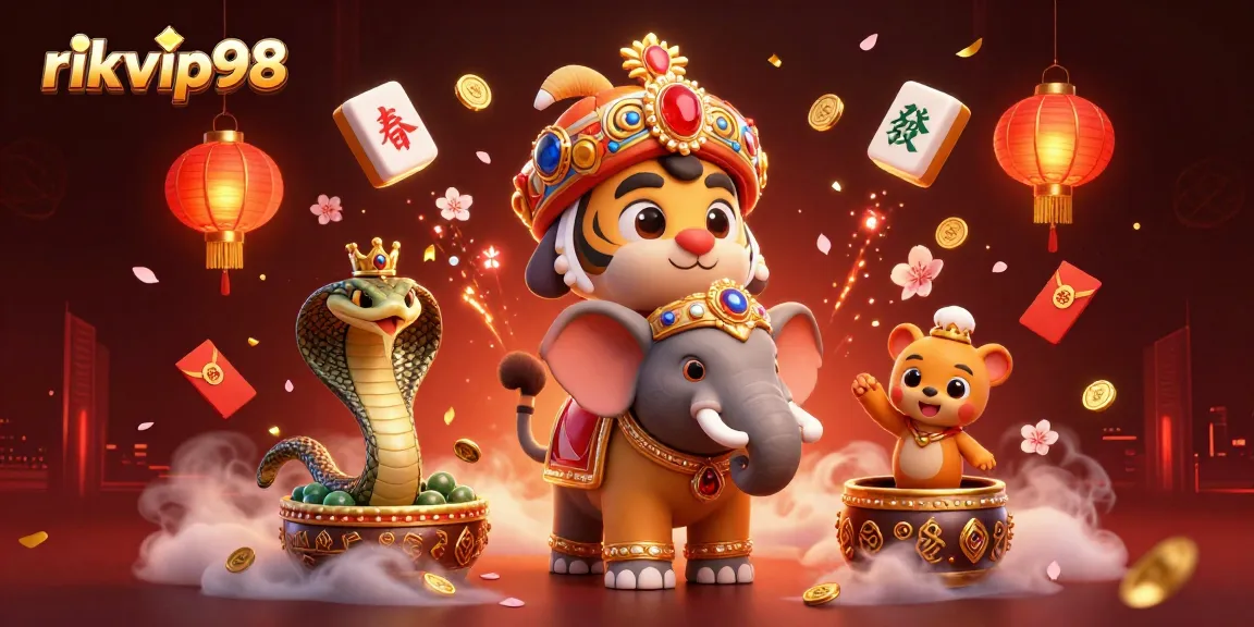 Experience the excitement of rikvip98 with vibrant casino elements featuring a regal tiger and its companions.