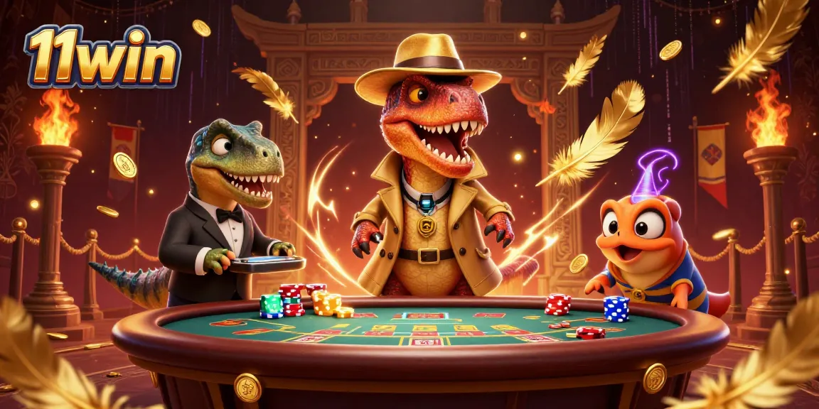Betting at 11win with a velociraptor card counter at a blackjack table in a vibrant casino setting.