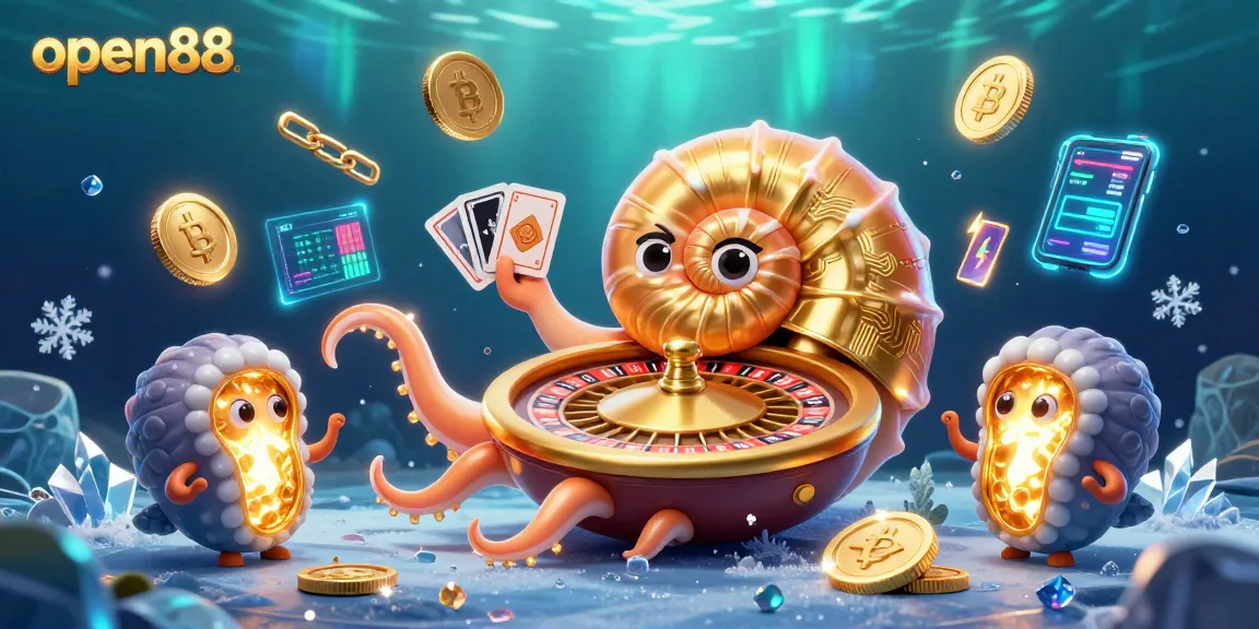 Engage with open88's gaming realm, featuring a golden roulette wheel nautilus and crypto coins.