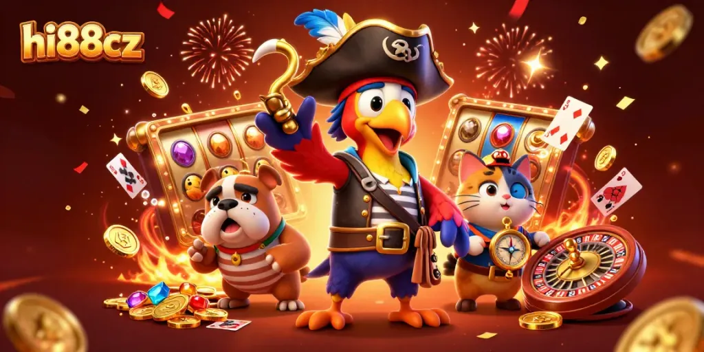 Engage in thrilling casino excitement with hi88cz, featuring vibrant pirates and gaming elements.