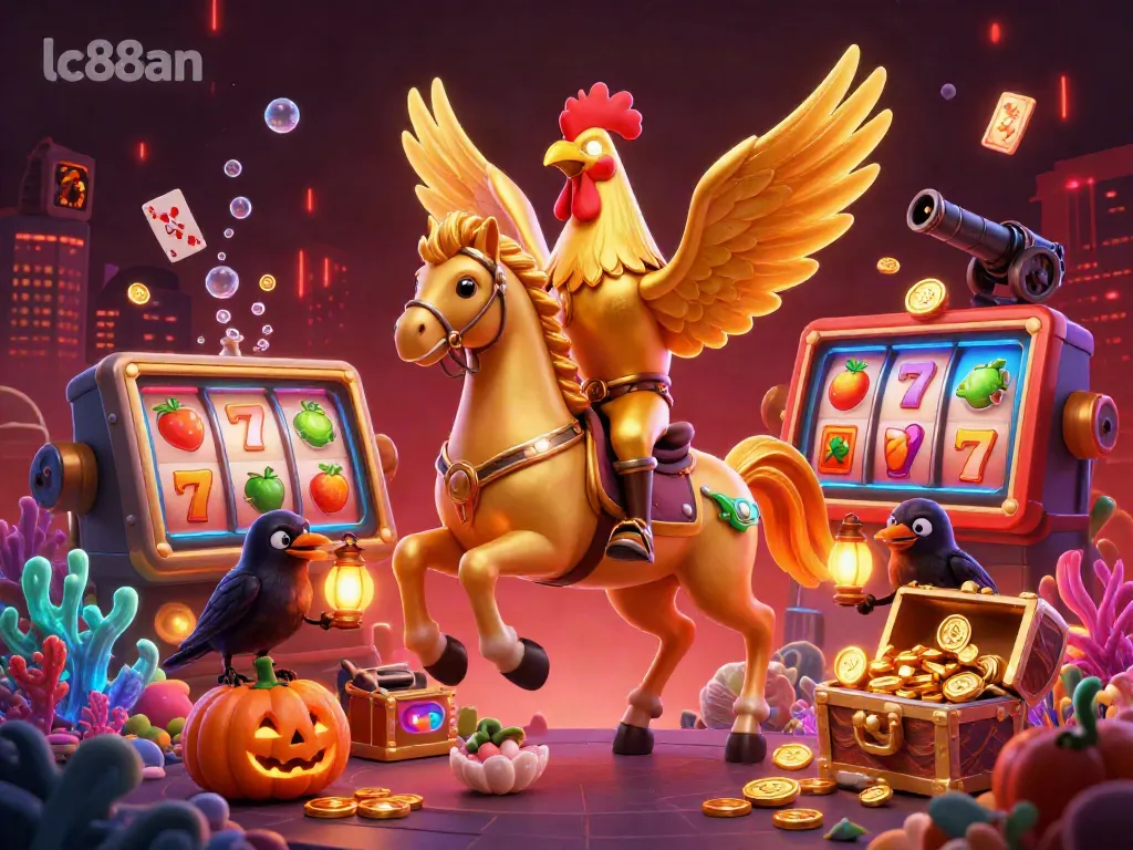Experience thrilling gameplay at lc88an with vibrant visuals of a golden rooster headless horseman in a casino.