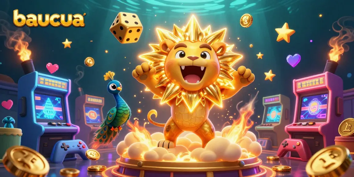 Experience the excitement of baucua in a vibrant 3D gaming scene with energetic characters and casino elements.