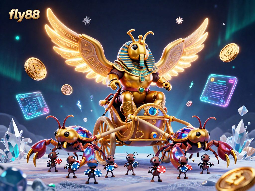 Experience the excitement of fly88 with a dynamic 3D illustration featuring a colossal golden scarab and scorpions in a gambling landscape.