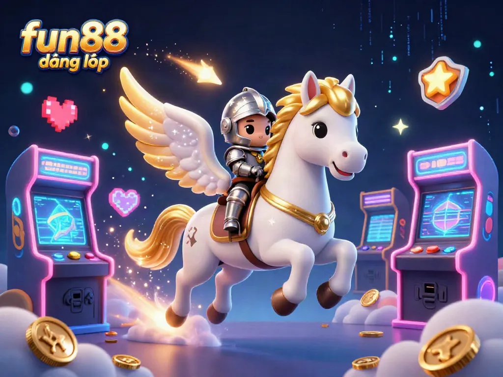 Engage in fun88 đăng nhập with a captivating 3D cartoon illustration of a knight on a celestial horse amidst arcade game elements.