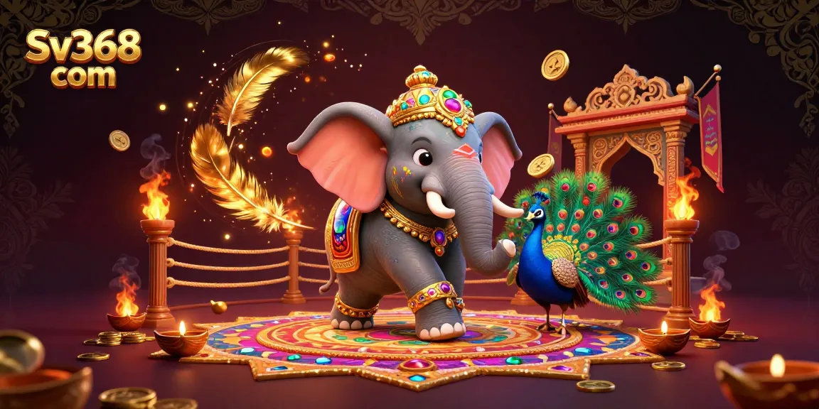 Engage in thrilling experiences at Sv368 com with a vibrant elephant and peacock amidst a lively casino atmosphere.