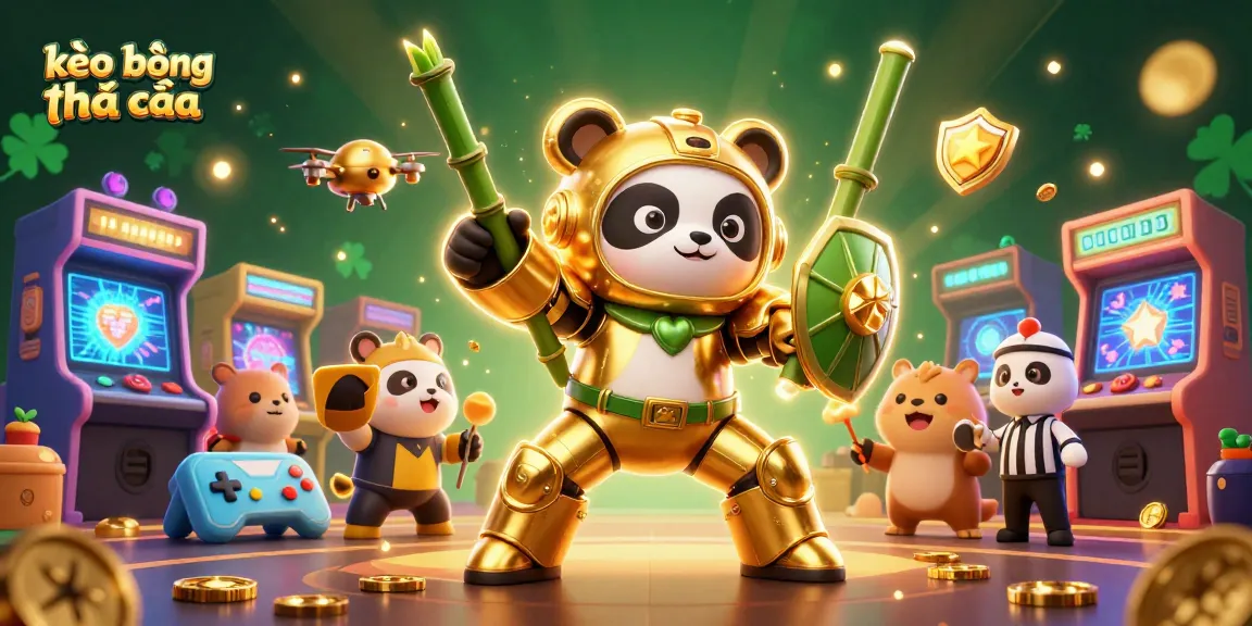 Engage with kèo bóng đá nhà cái through this vibrant 3D illustration featuring a golden panda and dynamic gaming elements.
