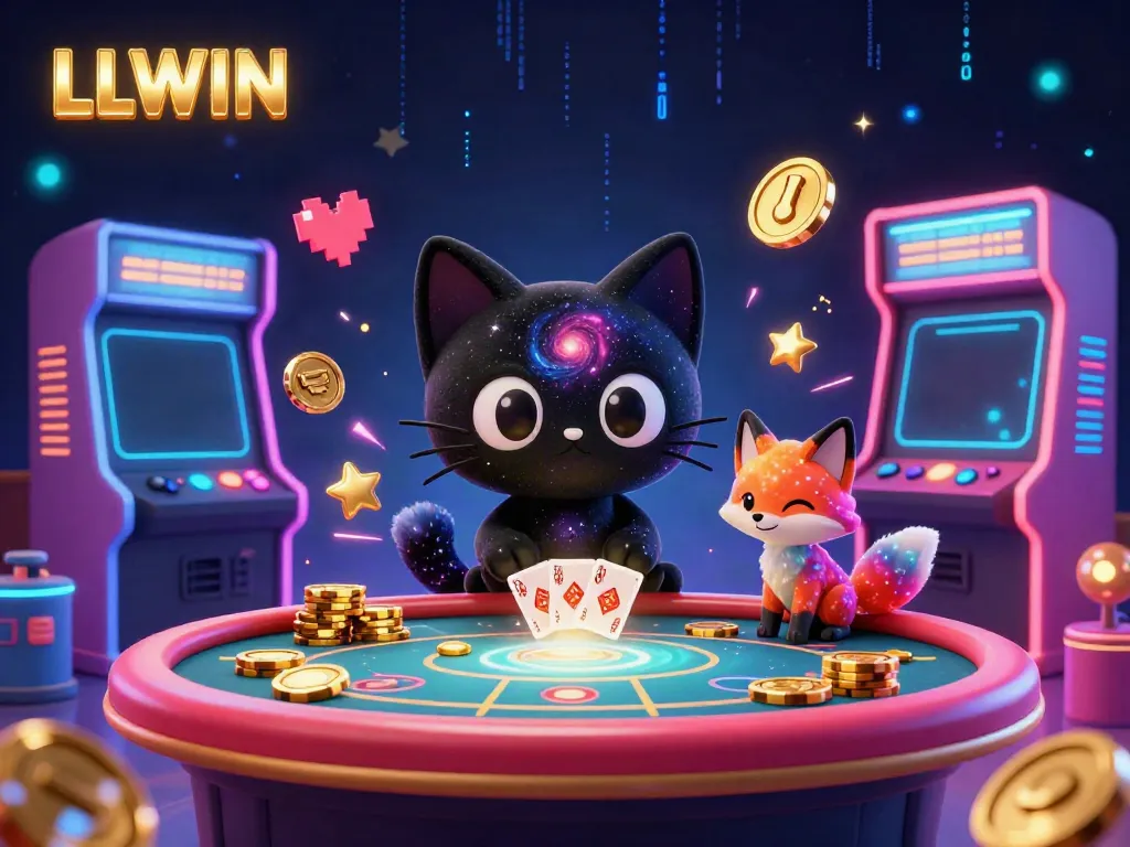 Experience the captivating cosmic casino with LLWIN, featuring a black hole cat and colorful fox amidst gaming excitement.