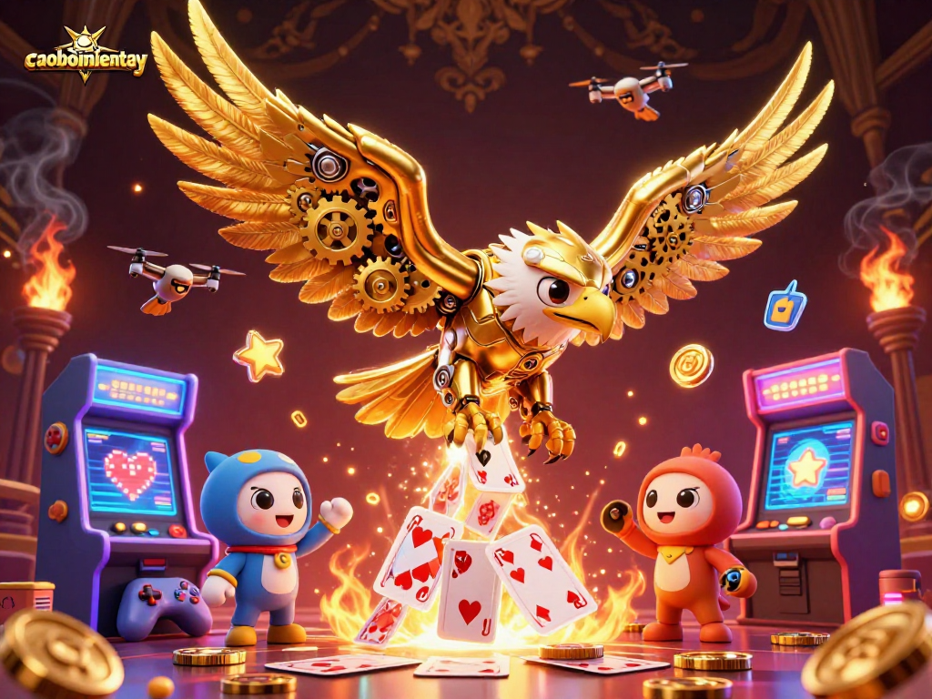 Experience caoboimientay with a vibrant scene of a golden eagle diving through holographic cards.