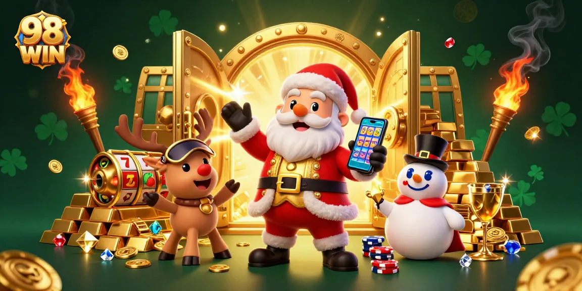 Spin the slots with 98 WIN in this vibrant casino scene featuring Santa and friends.