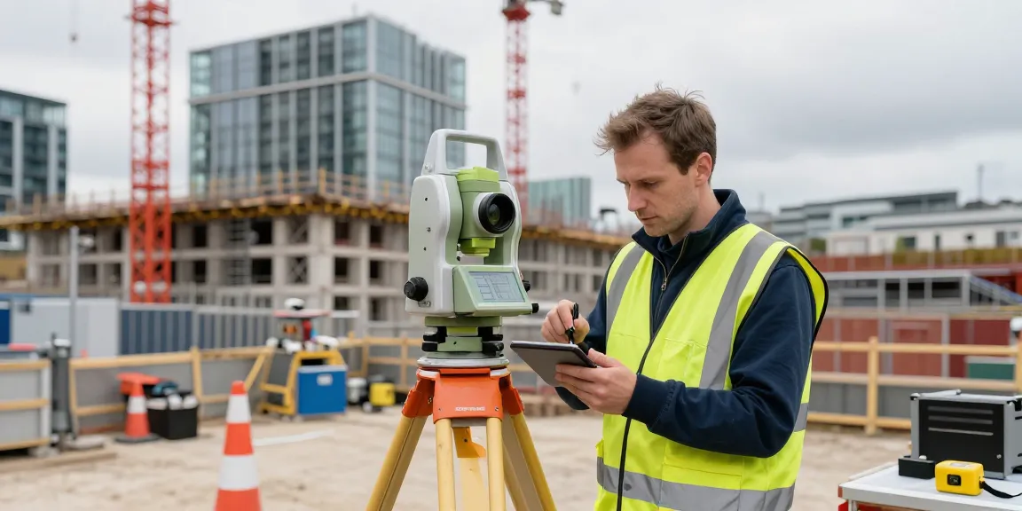 Measured Building Surveys London in action, surveyor measuring site with advanced equipment amidst a construction backdrop.