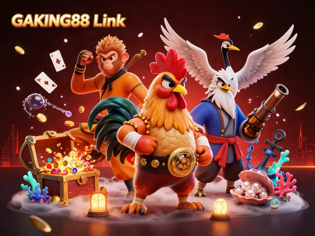 Watch fierce competition with the GAKING88 Link – a 3D cockfighting digital art featuring vibrant characters and gold treasures.