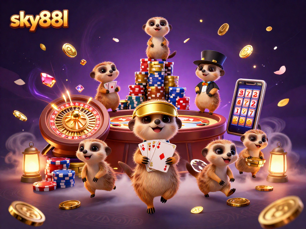 Engage in winning at sky88l with meerkats operating a vibrant casino, featuring dynamic games and colorful elements.
