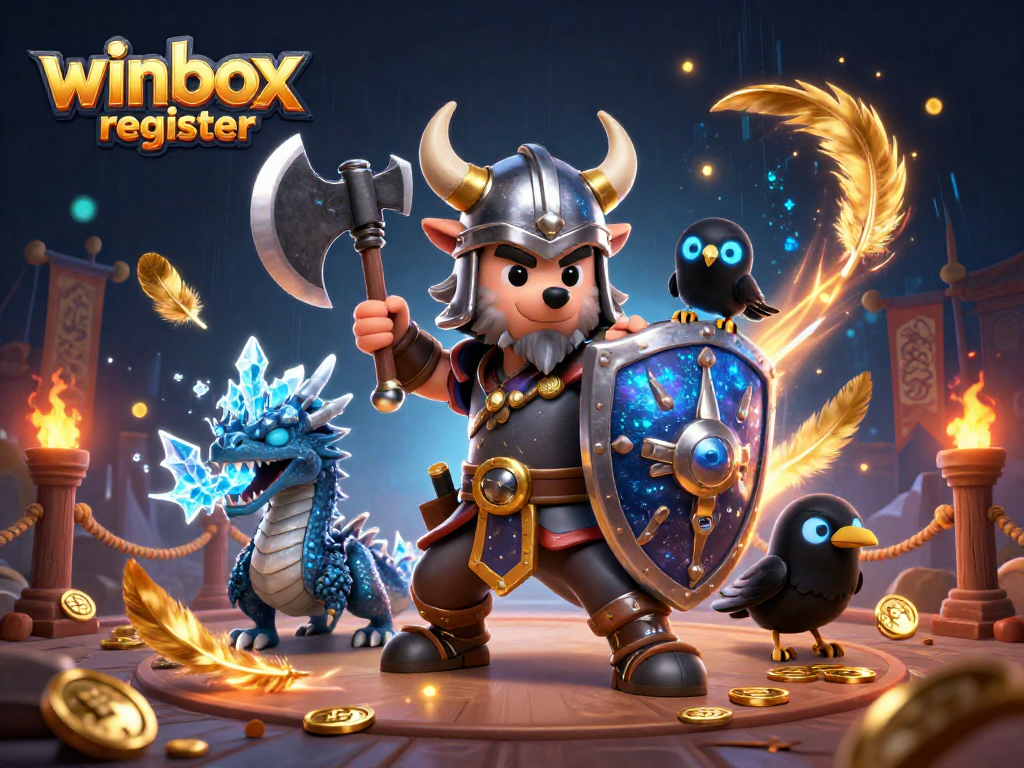 Winbox register scene featuring a Viking warrior, dragon, and raven in a dynamic casino-themed illustration.