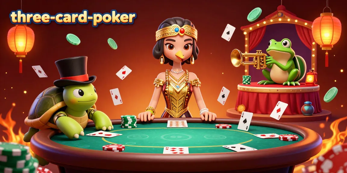 Engage in three-card-poker action with vibrant characters and casino elements in a lively illustration.