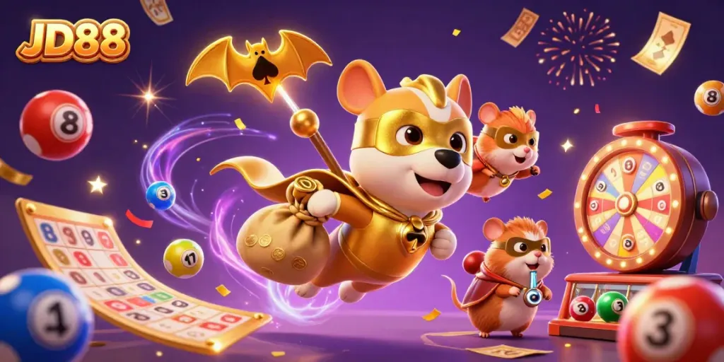 Experience thrilling adventures at JD88 with a superhero dog and hamster in a vibrant casino world.