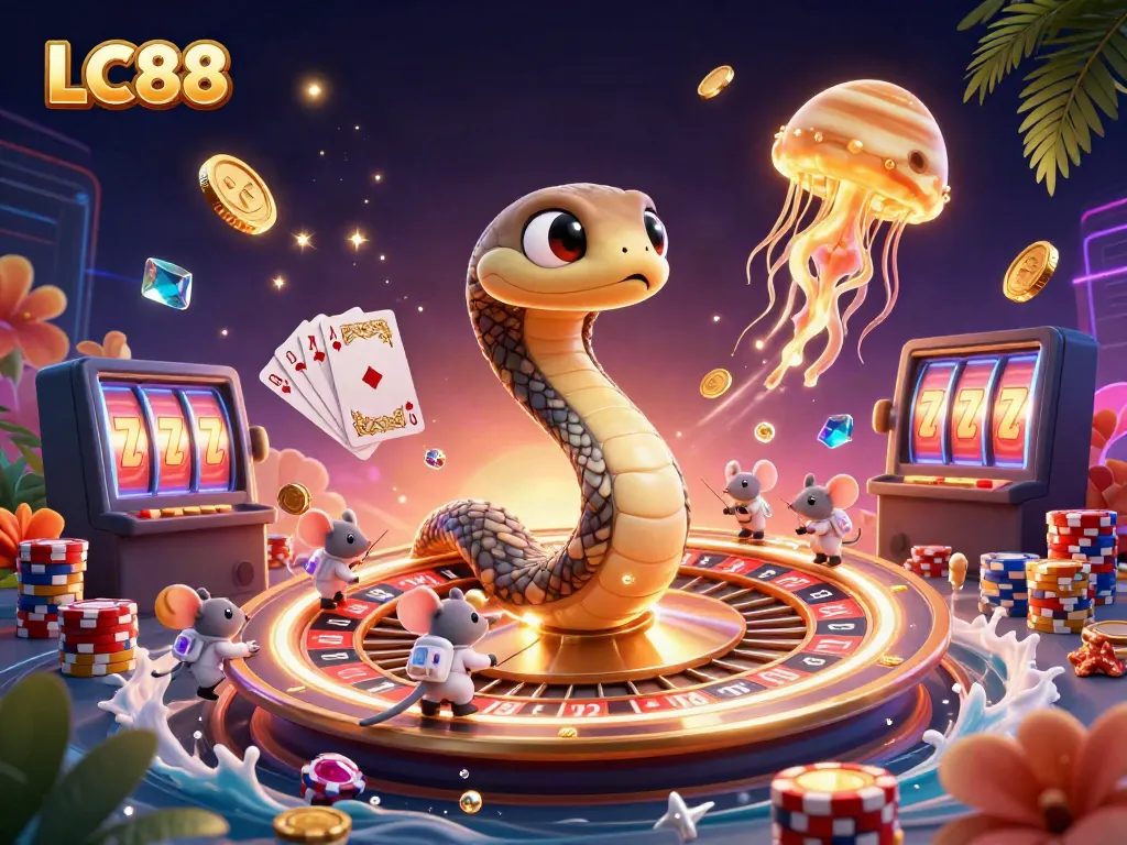 Experience the excitement of LC88 with a cosmic casino scene featuring unique characters and game elements.