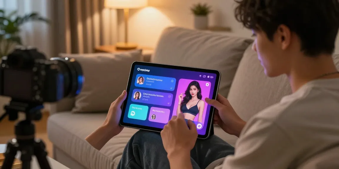 Engaging with seductive AI sluts character in a cozy living room setting on a tablet.