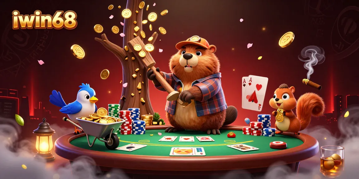 Experience the thrill of iwin68 as the beaver chops trees raining golden coins amidst a lively casino scene.