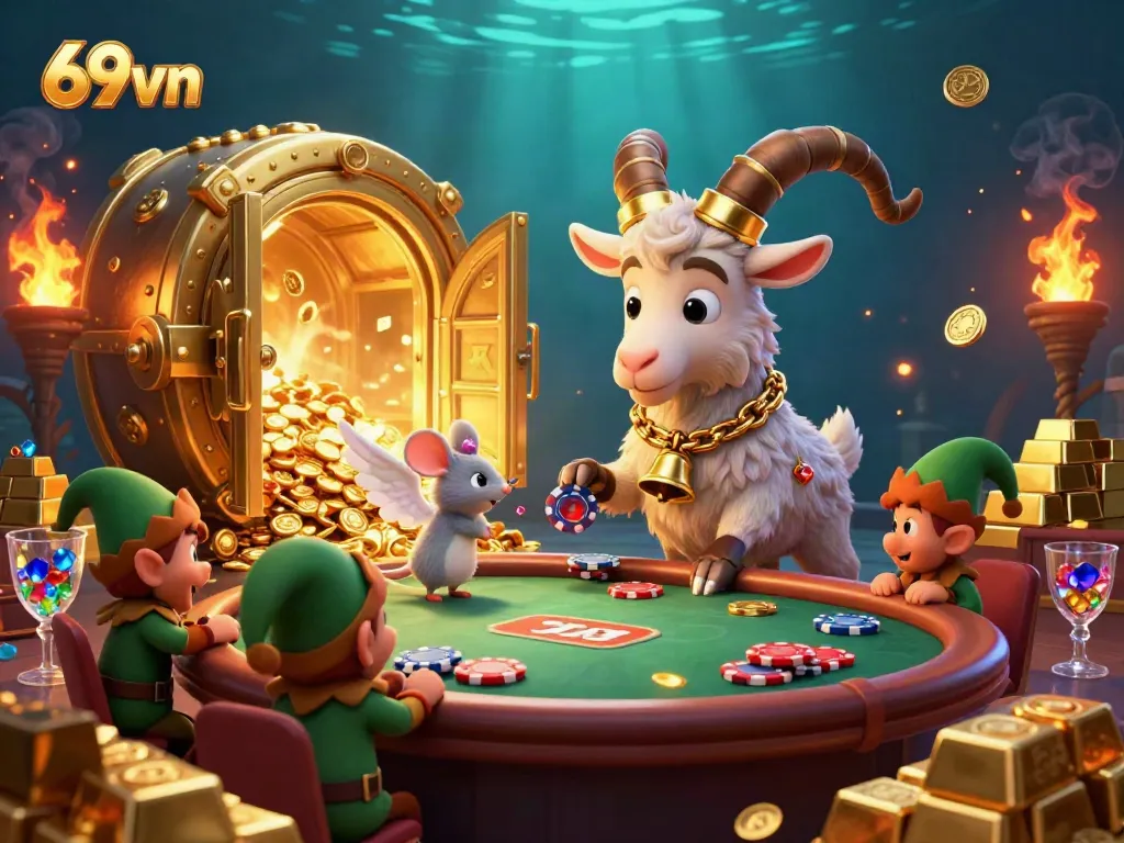 Engage with thrilling gaming adventures at 69vn's vibrant animated casino scene featuring playful characters.