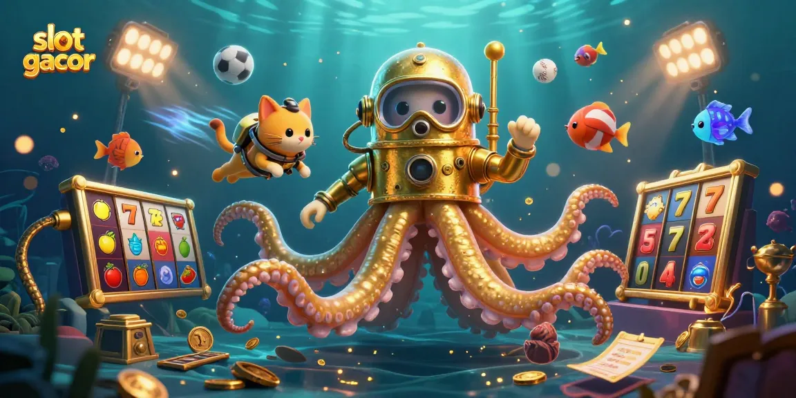 Experience the thrill of slot gacor with vibrant 3D casino action featuring a kraken and diving cat.