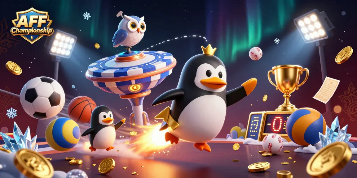 Experience the thrill of the AFF Championship with a dynamic 3D cartoon illustration featuring a golden penguin and exciting sports elements.