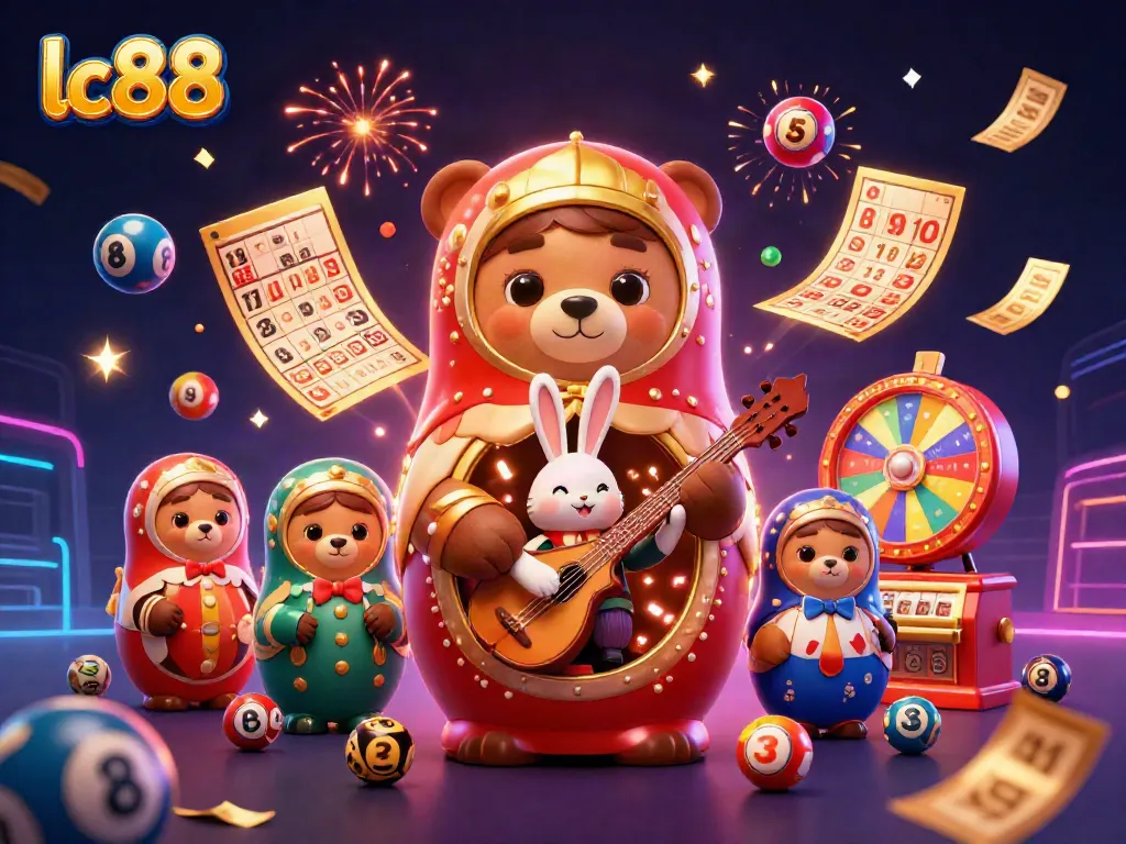 Engage with lc88's vibrant casino scene featuring a Matryoshka bear and festive gaming elements.