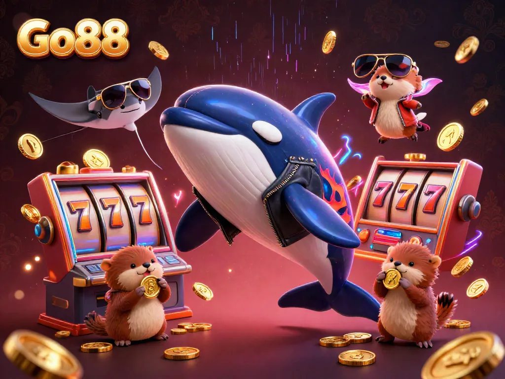 Go88 offers a thrilling casino experience with a dynamic orca whale, stingray, and otters celebrating winnings.