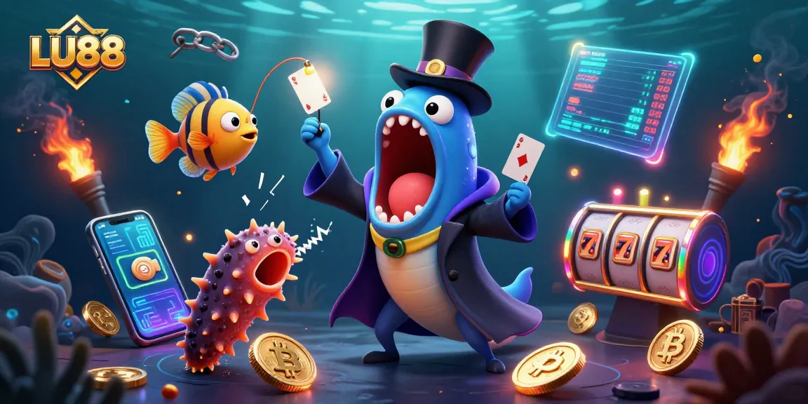 Engage with LU88 in a vibrant 3D casino scene filled with slot reels and crypto elements.
