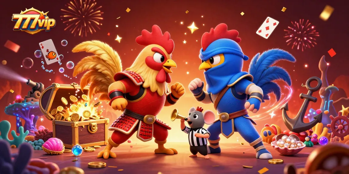 Experience thrilling gameplay at 777vip with fighting roosters, immersive games, and vibrant casino elements.