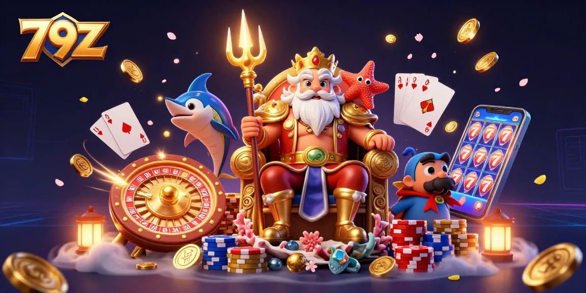 Engage with vibrant 79Z casino fun featuring Neptune and treasures in a vivid, playful illustration.