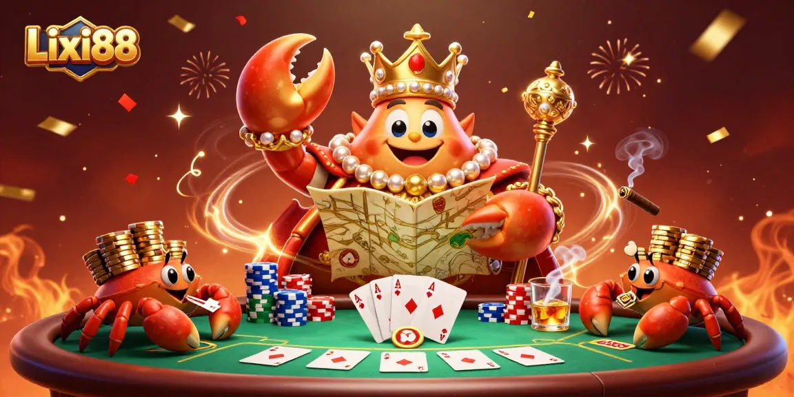 Lixi88 offers thrilling casino action as a golden crab emperor and hermit crabs showcase poker excitement.