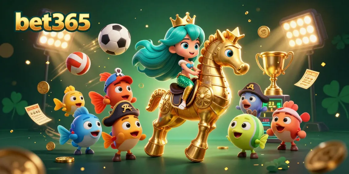 Bet365 engages players with a mermaid princess riding a seahorse amidst vibrant sports-themed elements.