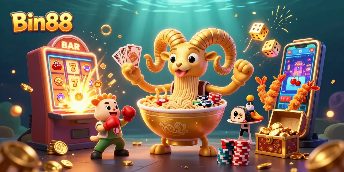 Bin88 showcases an exciting casino atmosphere with animated characters dealing cards and cheerful elements.