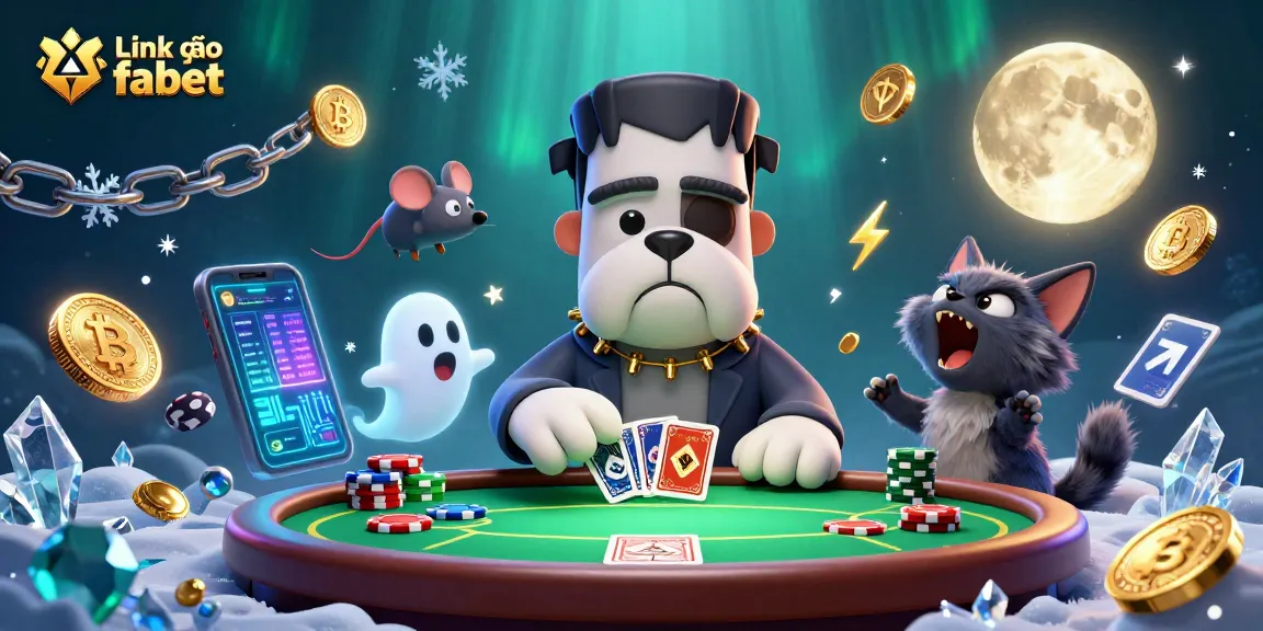 Play poker with Link vào fabet in a thrilling 3D casino scene filled with vibrant characters and crypto elements.