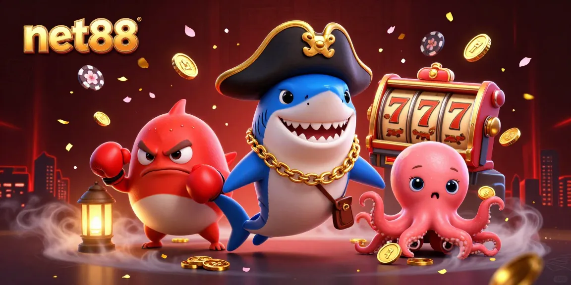 net88 engaging players with a festive illustration of a pirate shark and friends amid dazzling slot game elements