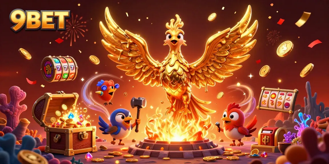 Engage in exciting gameplay at 9BET with a vibrant casino scene featuring a golden phoenix.