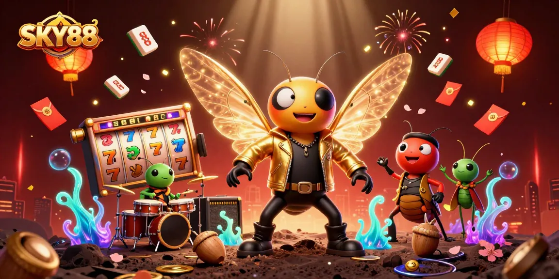 Engage with SKY88's thrilling slot reels and rock star vibes in this vibrant casino scene.