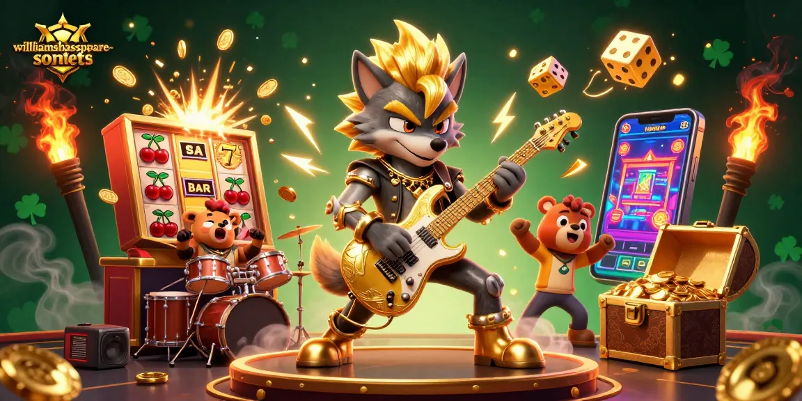 Spin fortunes with williamshakespeare-sonnets in this vibrant casino scene featuring a wolf rock star.
