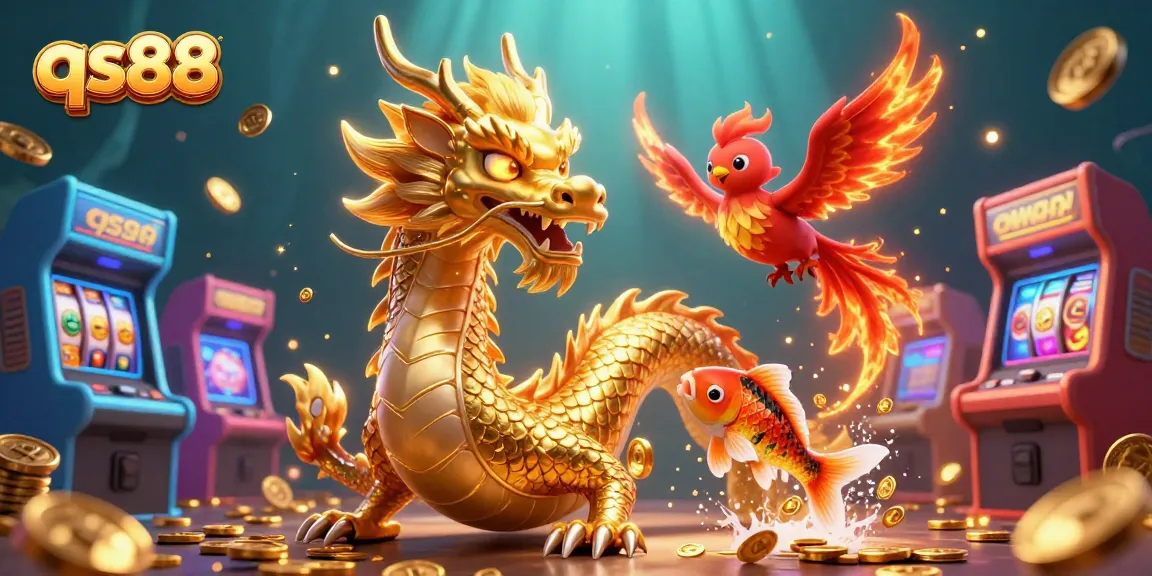 Experience thrilling wins at qs88 with vibrant 3D dragon and phoenix in a casino-themed illustration.
